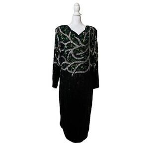 Jean for Joseph Le Bon Silk Sequin Beaded Dress Long Sleeve Evening Wear Vtg L
